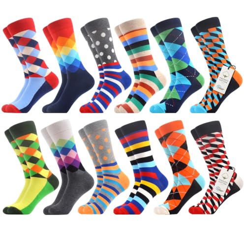 WeciBor Men's Combed Cotton Novelty Crew Socks Size 7-15 - color: Red-orange/Blue/Green/Multicolor Geometric-12m, size: 13-15