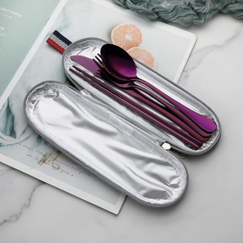 DEVICO Travel Utensils with Case, 5 Piece Portable Silverware Set for Work - color: Purple