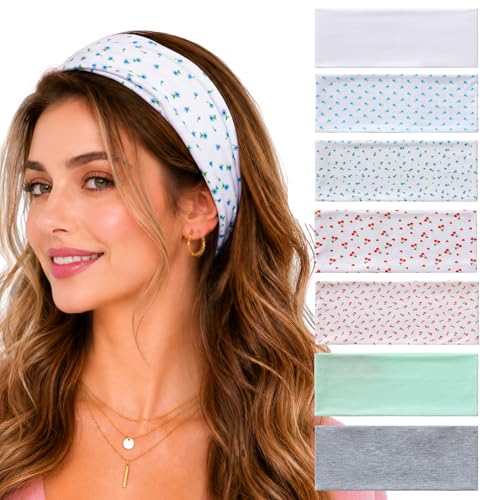 Sunolga 7 Pack 4.2in Wide Floral Polka Dot Non Slip Headbands for Women