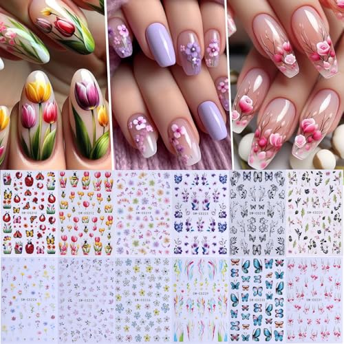 Flower Stickers Nail Art Decals 12PCS Summer Nail Art Designs with Tweezers Tulip Butterfly Leaf Florals Ladybug Decals 3D Self-Adhesive Manicure Simple Nail Stickers for Women Acrylic Nails Supplies - style: Summer Flower Styles