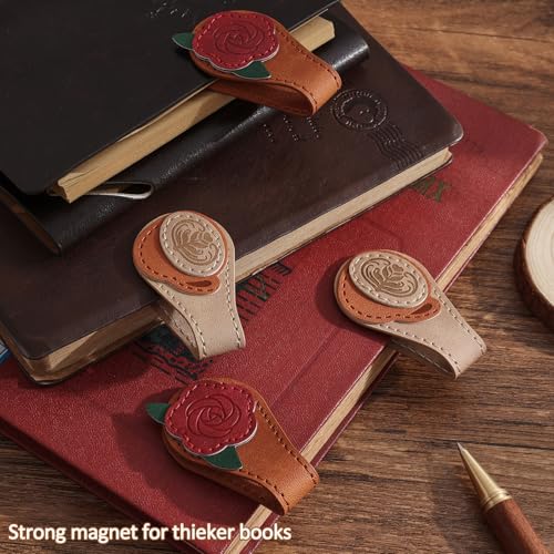 2PCS Vintage Magnetic Leather Bookmark, Leather Magnetic Bookmarks for Women, Magnetic PU Bookmarks Clip Book Accessories - style: Rose&Coffee