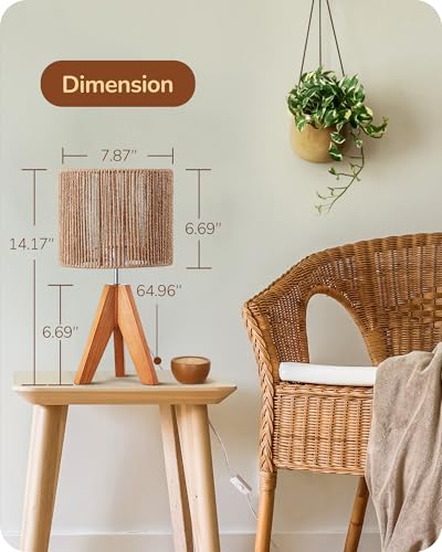 EDISHINE Small Rattan Table Lamp, Wood Tripod Bedside Lamp, 14.2", E26 Base - color: Rosewood Color&Vertical Stripe Shade