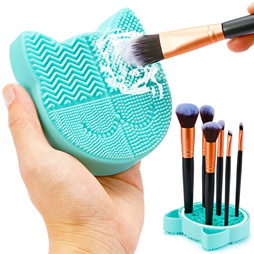 TailaiMei 2 in 1 Makeup Brush Cleaning Mat With Drying Holder, Silicon Cat Shaped Cleaner Pad, Cosmetic Organizer Rack, Portable Washing Tool for Makeup (Green) - color: Green, Cleaner sponge with brush holder