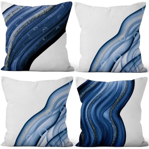 Abstract Fluid Throw Pillow Cover Dark Blue Ocean Wave Gold Sequin Halo Art Modern Aesthetic Linen Square Cushion Covers for Outdoor Couch Sofa Bedroom Home Car 16x16 Inch Set of 4 - color: Dark Blue, size: 16" x 16" (Pack of 4)