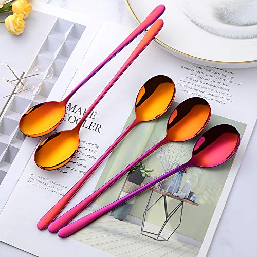 Buyer Star 5-pieces Rainbow Red Dinner Table Spoons 8-Inch Stainless Steel Metal Korean Soup Spoons - color: rainbow red