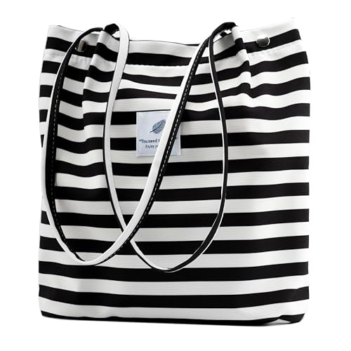 Corduroy Tote Bag Cute Tote Bags for Women Shoulder Bag with Inner Pocket for Work Beach Travel and Shopping Grocery - style: Black and White Stripes