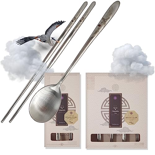 [VACUUM][2 Sets][Made in Korea] Flying Crane Design Spoon and Chopsticks Set, Vacuum Light Weight Cutlery, 304 Stainless Steel Flat Chopsticks Matt Surface Flatware (White 2 Sets)
