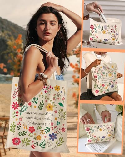 Miss Adola Canvas Tote Bag with Matching Makeup Pouch - color: Bible Blossoms