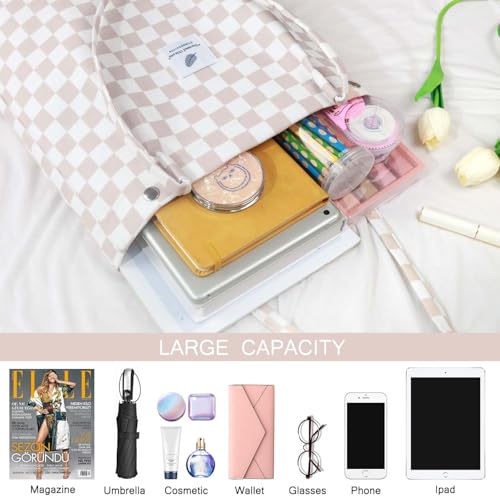 Ayieyill Corduroy Tote Bag for Women Canvas Shoulder Cord Purse with Inner Pocket - color: Pink/Grid
