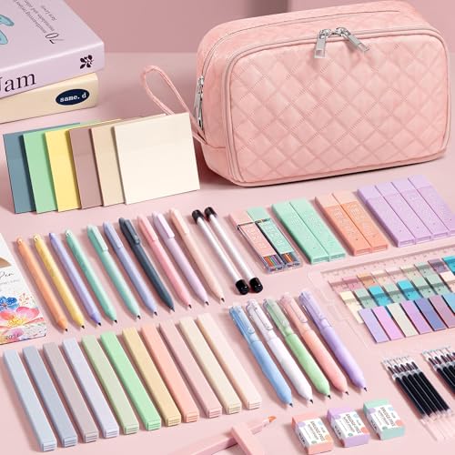62PCS Aesthetic Back to School Supplies w/ Cute Pencil Case Stationary Set - color: Beige