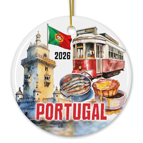 Portugal 2026 Souvenir Travel Collage City Icons Scene Christmas Ornament, 3-Inch Round Ceramic