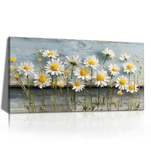 KZKU Rustic Floral Canvas Prints Wall Art Large Daisy Print on Weathered Blue Wood Background- Modern Farmhouse Decor for Living Room Bedroom 24X48in - color: blue-1, size: 48"L x 24"W