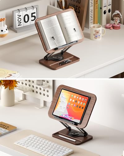 Viozon Book Stand for Reading, Book Holder 360° Rotating Base with Pen Slot, Foldable Reading Display Stand with Elastic Page Clips for Cookbook, Recipe, Textbook, Tablet, Laptop