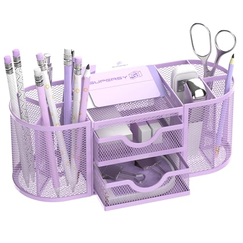 SUPEASY Mesh Desk Organizer, Pen Holder for Desk with 2 Drawers, Purple - color: Lilac Purple