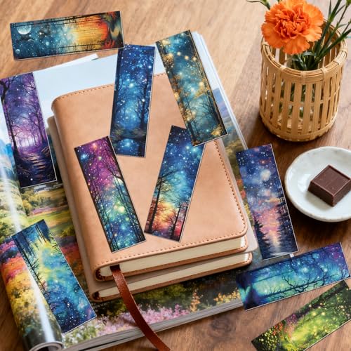 Wxiben Fantasy Forest Transparent Bookmark - 10 Pcs Starry Night Sky Transparent PVC Bookmark Moon Space Book Mark Page Clips Gifts for Women Men Book Lovers Teacher Bookish Reading Accessories - style: Fantasy Forest