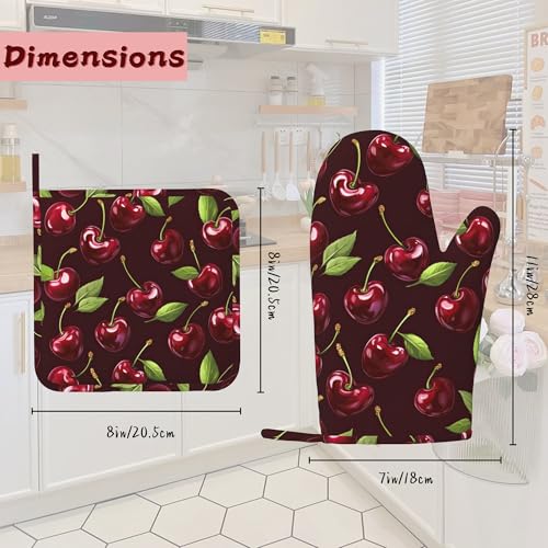 Red Cherry Heat-Resistant Silicone Oven Mitts and Pot Holders,Long Oven Gloves with Non-Slip Grip for Cooking, Baking, Grilling,BBQ - color: Red Cherry