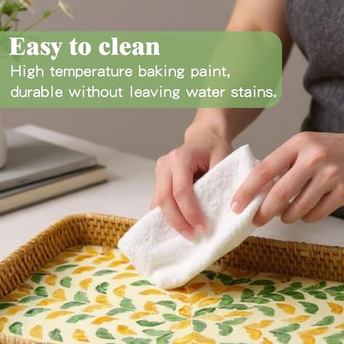 3 Pcs Rectangle Rattan Mother of Pearl Inlay Wicker Decorative Serving Tray - color: Yellow Green Wicker
