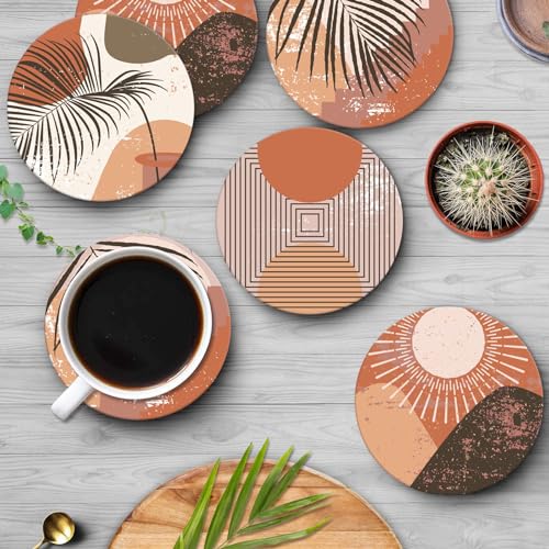 Coasters for Drinks, Set of 6, Ceramic Stone Boho Terracotta Burnt - color: Boho Abstract