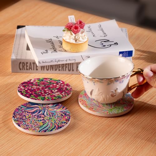KAMMAK Ceramic Coasters with Cork Base, Boho Drink Coasters, Set of 6
