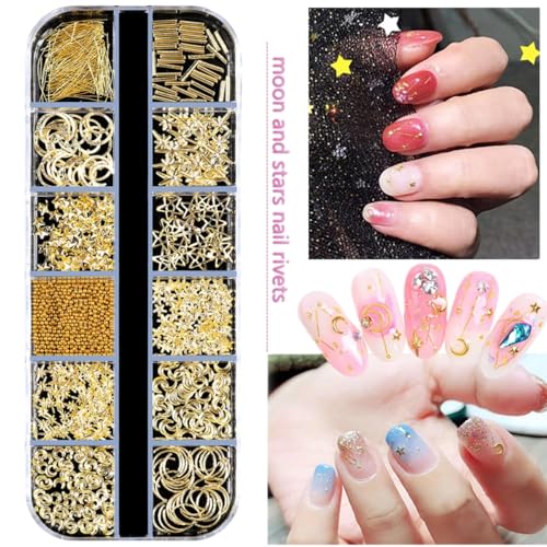 5 Boxes Gold Silver 3D Metal Punk Studs Star Moon Heart Triangle Ring Square Rivet Gems Nail Art Jewels and 4 Sheets Nail Stickers with a Curved Tweezers and a Nail Brush (Gold & Silver) - color: 3-gold & silver
