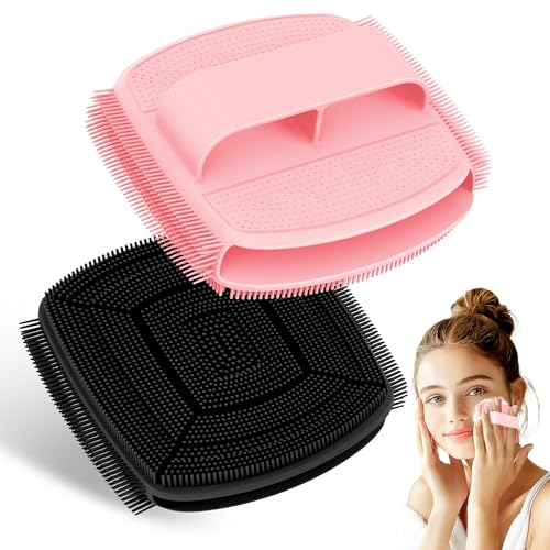 Upgrade Silicone Face Scrubber 2PCS, Soft Facial Cleansing Brush with Unique Side-Bristle Design, Manual Face Brush with Finger-Grip Handle for Gentle Exfoliating & Deep Cleansing(Black+Pink) - color: Black+pink