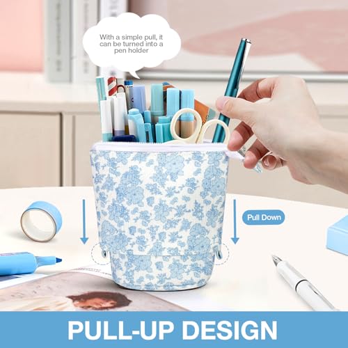 Cute Standing Pencil Case Pen Holder for Kids, Pop Up Stand UP Bubble Tea Pen Organizer Kawaii Stationary for Christmas Holiday New Year Office (Blue flowers) - color: Blue Flowers