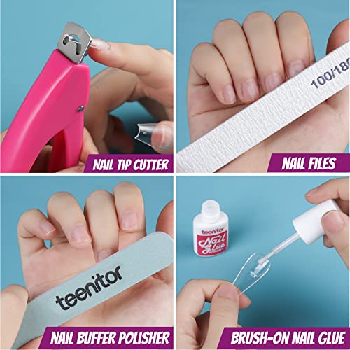 Teenitor Acrylic Fake Nails Kit, Press On Nail Supplies with Clear Coffin Nail Tips Nail Stand Nail Art Brushes Dotting Pen Glitter Sequins Sticker Rhinestones Nail Decorations Press On Nails Kit - color: Pink