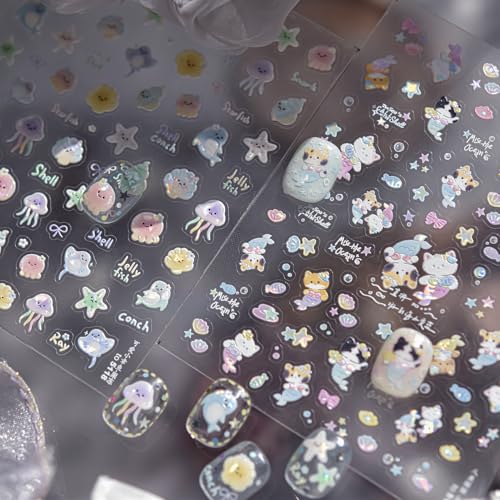 5D Embossed Under The Sea Stickers for Nail Art Jelly Fish Self-Adhesive Nail Art Decals for Women Nail Supplies Art Design Stickers (to5111) - style: to5111