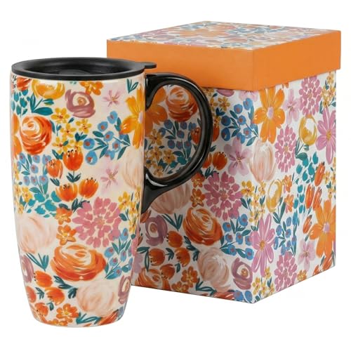 Topadorn 17oz Ceramic Travel Mug with Lid, Colorful Floral Coffee Mug - color: Spring at Garden