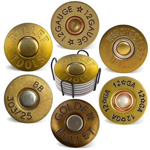 Coasters for Drinks with Holder Set of 6, Shotgun Shell Ceramic Coaster Absorbent for Office Desk Table Coasters Kitchen Decor House Warming Gifts for New Home Couples, Round 4" - color: Shotgun Shell
