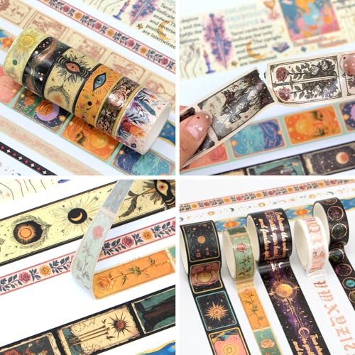 Gold Foil Tarot Washi Tape Set, 23 Rolls Vintage Decorative Washi Tape with 14 Gold Foil Designs, Assorted Widths for Journaling, Scrapbooking, Bullet Journal, Planner, Card Making & DIY Crafts