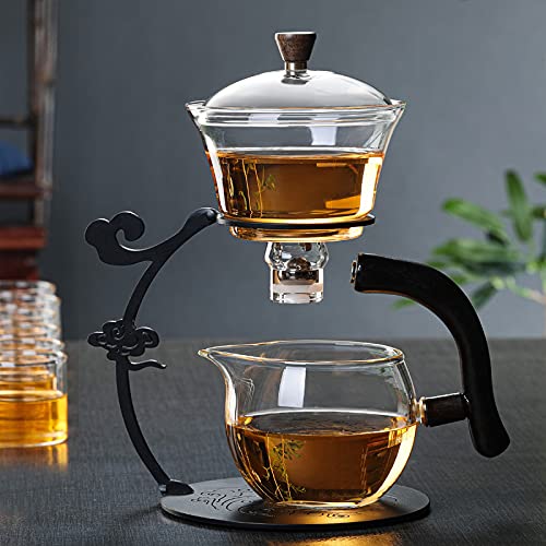 RORA Glass Teapot Set Semi Automatic Drip Rotating with Infuser Lazy Kungfu Tea pot Set (Black) - color: Black, size: teapot