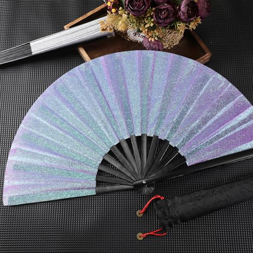 Maitys 2 Packs Large Folding Hand Fans, 13'', Glitter Sliver and Purple - color: Glitter Sliver and Purple