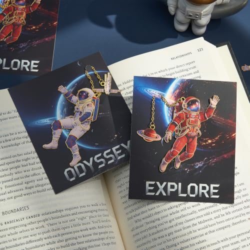 2 Pack Astronaut Metal Bookmarks with Planet and Satellite Chain Pendants - color: Astronaut