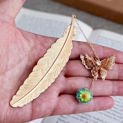 Toirxarn Metal Feather Bookmark, Back to School Teacher Gift for Women - color: Feather Gold - Green Crystal With Yellow Flowers