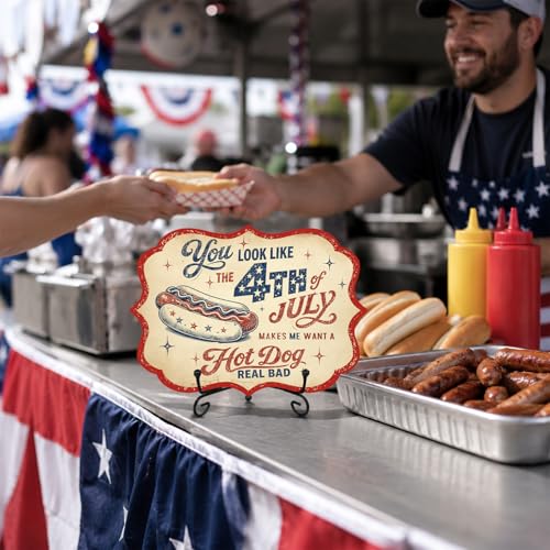 Fourth of July Wooden Sign with Metal Stand, Patriotic Hot Dog Station Decor for BBQ Party, Food Truck, Restaurant Counter, Independence Day 5 x 7 Inch Tabletop Display - A08 - color: DLR A08