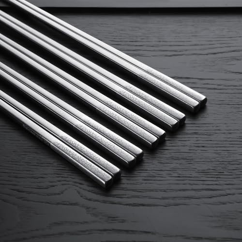 IQCWOOD 5 Pairs 18/10 Stainless Steel Chopsticks, 9.25 Inches - color: Grid Pattern
