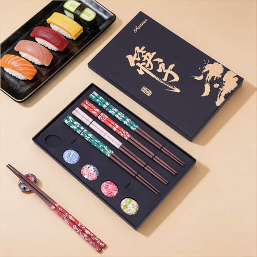 Antner 5 Pairs Reusable Wooden Chopsticks and Ceramic Rests Set, 8.8 Inch/22.5cm Classic Japanese Style Chopsticks with Holders for Ramen Sushi Asian Cuisine Lovers, Black Elegant Gift Box - color: Elegant Plum Blossom Chopsticks Set