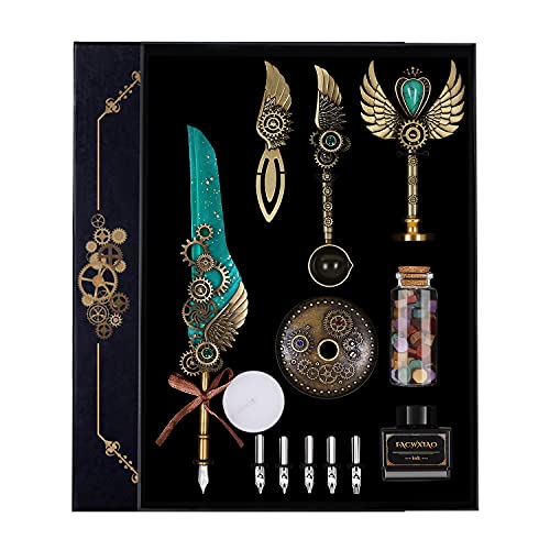 Quill Pen Set, Green, Feather Pen, Ink, Bookmarks, Seals, Nibs, Wax Bead, Envelopes, Writing Paper, Gift Box - color: Green