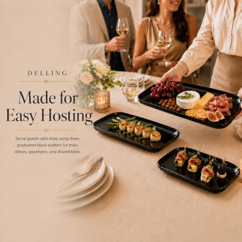DELLING Large Serving Platter Set of 3, 16/14/12 Inch Porcelain Serving Trays for Party - Black Ceramic Rectangular Platters for Entertaining,Platter for Thanksgiving Christmas, Dishwasher Oven Safe - color: Black, size: 16 x 9.5 inch, 14 x 8.1 inch, 12 x