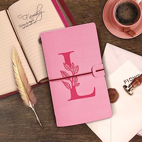 Personalized Journal Gift-Pink Initial Leather Journal+Heart Diamond Pen Set,Travel Notebook Diary Gifts,Refillable Notepads,Christmas,Birthday Gifts for Women Girls (7.9"x4.7") (L) - style: L