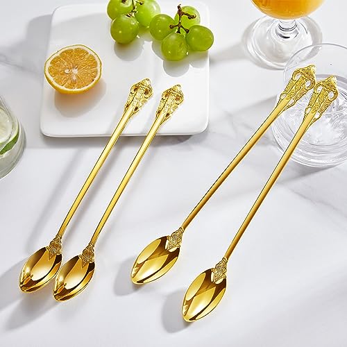KEAWELL Luxurious 4-Piece 9-Inch Iced Tea Spoon Set (Gold) - color: Gold