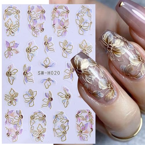 3D Flower Nail Art Stickers Decals Luxury Flower Petal Stickers with Tweezers 12 PCS Self Adhesive Pink Purple Blue Floral Gold Edge Decals Cherry Blossom Lily Summer DIY Manicure Nail Art Decoration - style: Flower Golden Edge Styles