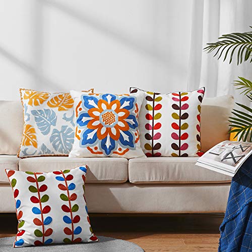 Boho Pillow Covers, Decorative Pillowcase, Square Embroidery Throw Pillows Cushion Set for Sofa Couch Bed Bench Living Room, Modern Plant Floral Pattern, 18 x18 inch (Monstera) - color: Monstera