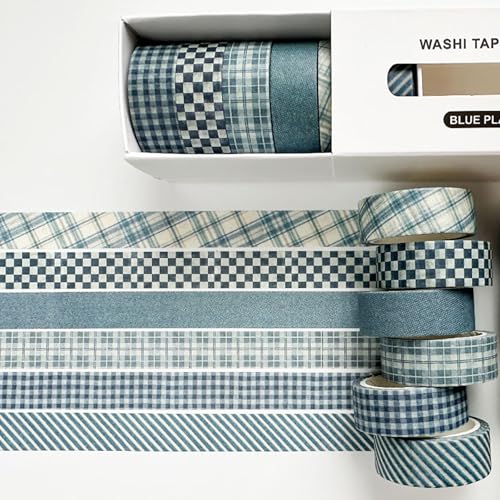 YUBBAEX 6 Rolls Plaid Washi Tape Set, Grid Pattern Masking Tape Classic Checkered Design Decorative for DIY Crafts, Bullet Journal Supplies, Planners, Scrapbook, Card/Gift Wrapping (Blue) - color: Blue