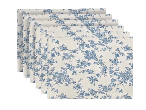 Pastoral 100% Polyester Fabric Placemats for Dining Table Set of 6 - color: A - Floral (Dark Blue), size: 13" x 19" (Rectangular)