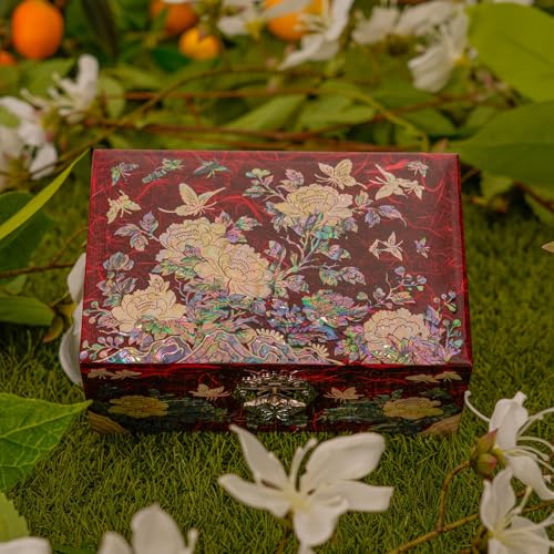 February Mountain Mother of Pearl Jewelry Organizer Box with Ring Tray - Gifts for Women Unique gift for women who have everything - color: Red