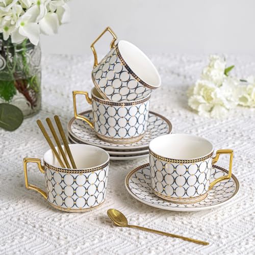4Pcs White Gold Bone China 7oz Cup Saucer, British Coffee Tea set - color: White Gold