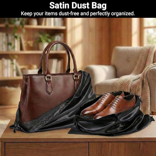 Q&J Fabric Co. 6 Pack Satin Dust Bags for Handbags & Purses - Drawstring Storage Bags for Shoes, Boots, Wallets, Travel Organizer Pouches, Soft Polyester Protector Covers (15.7"x19.7", Black) - color: Black, size: 15.7"x19.7"