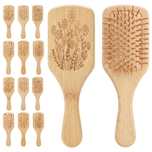 Rtteri 12 Pcs Wooden Hair Brushes Bulk, Flowers Pattern Bamboo Paddle Brush